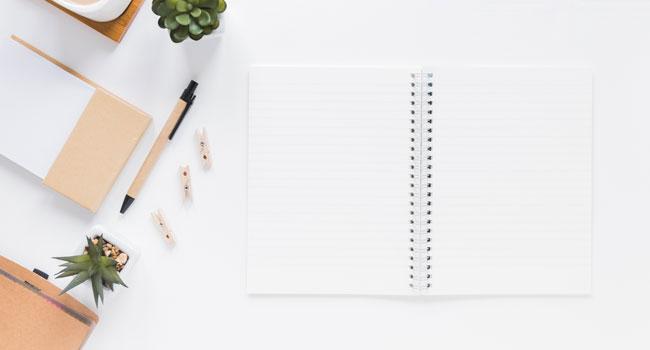 Top view of an open spiral notebook on a white desk with a pen, small plants, wooden clips, and office supplies